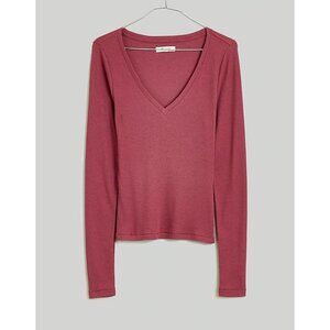 Madewell Womens Brightside Fine Rib V-Neck Long Sleeve Tee Grape Size S